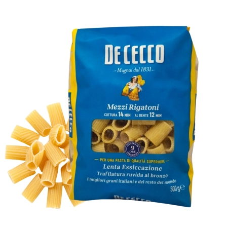 De Cecco Mezzi Rigatoni nr 26 - makaron z semoliny 500g - krótkie rurki na gęste sosy mięsne